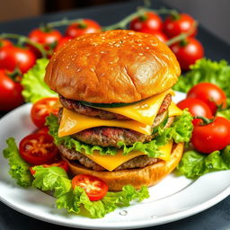 A highly detailed image of a large double burger with cheese and cucumber