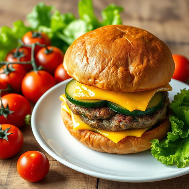 A highly detailed image of a large double burger with cheese and cucumber