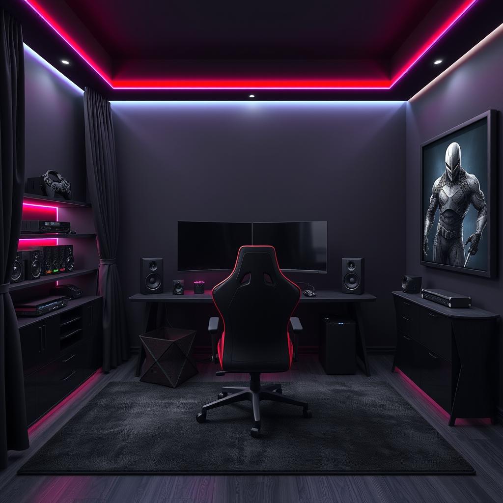 A sleek and modern gamer room predominantly themed in black