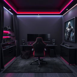 A sleek and modern gamer room predominantly themed in black