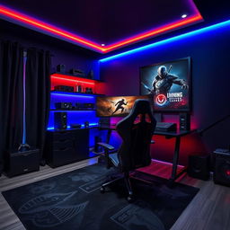 A sleek and modern gamer room predominantly themed in black