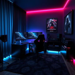 A sleek and modern gamer room predominantly themed in black