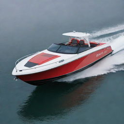 An off-shore powerboat design that incorporates the muscular design elements, signature colors, and distinctive logo of a GMC truck