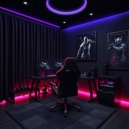 A sleek and modern gamer room predominantly themed in black