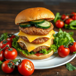 A highly detailed image of a large double burger with cheese and cucumber