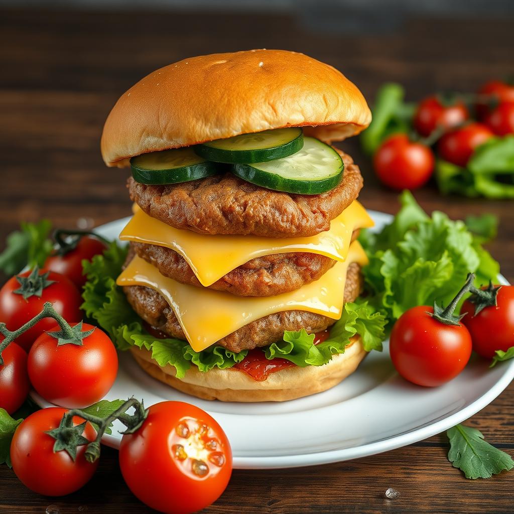 A highly detailed image of a large double burger with cheese and cucumber