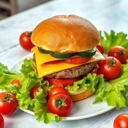 A highly detailed image of a large double burger with cheese and cucumber