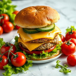 A highly detailed image of a large double burger with cheese and cucumber