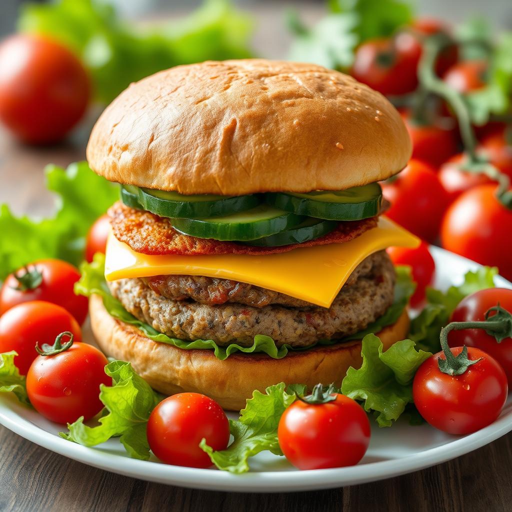 A highly detailed image of a large double burger with cheese and cucumber