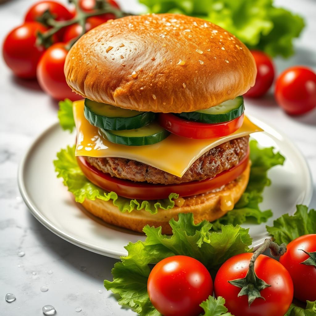 A highly detailed image of a large double burger with cheese and cucumber