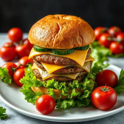 A highly detailed image of a large double burger with cheese and cucumber