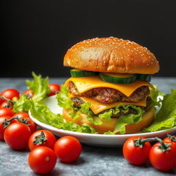 A highly detailed image of a large double burger with cheese and cucumber