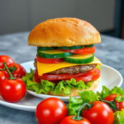 A highly detailed image of a large double burger with cheese and cucumber