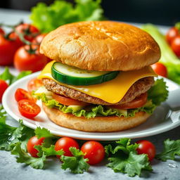 A highly detailed image of a large double burger with cheese and cucumber