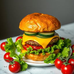 A highly detailed image of a large double burger with cheese and cucumber