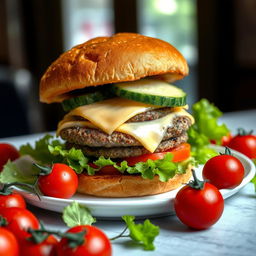 A highly detailed image of a large double burger with cheese and cucumber