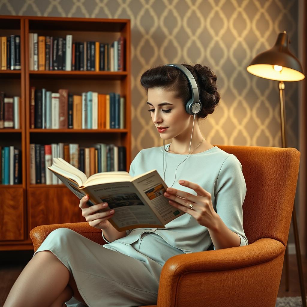 A mid-century woman with an elegant hairstyle wearing retro earphones