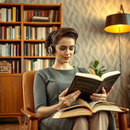 A mid-century woman with an elegant hairstyle wearing retro earphones