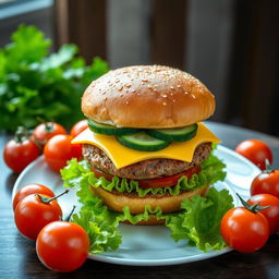 A highly detailed image of a large double burger with cheese and cucumber