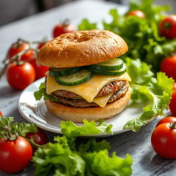 A highly detailed image of a large double burger with cheese and cucumber