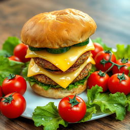 A highly detailed image of a large double burger with cheese and cucumber