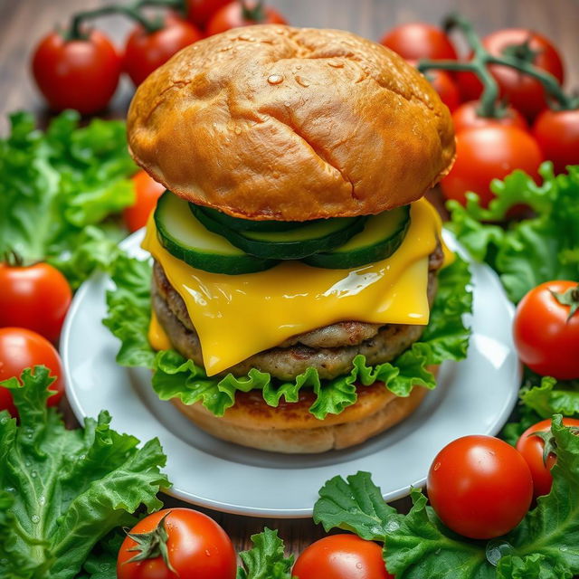 A highly detailed image of a large double burger with cheese and cucumber