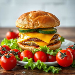 A highly detailed image of a large double burger with cheese and cucumber