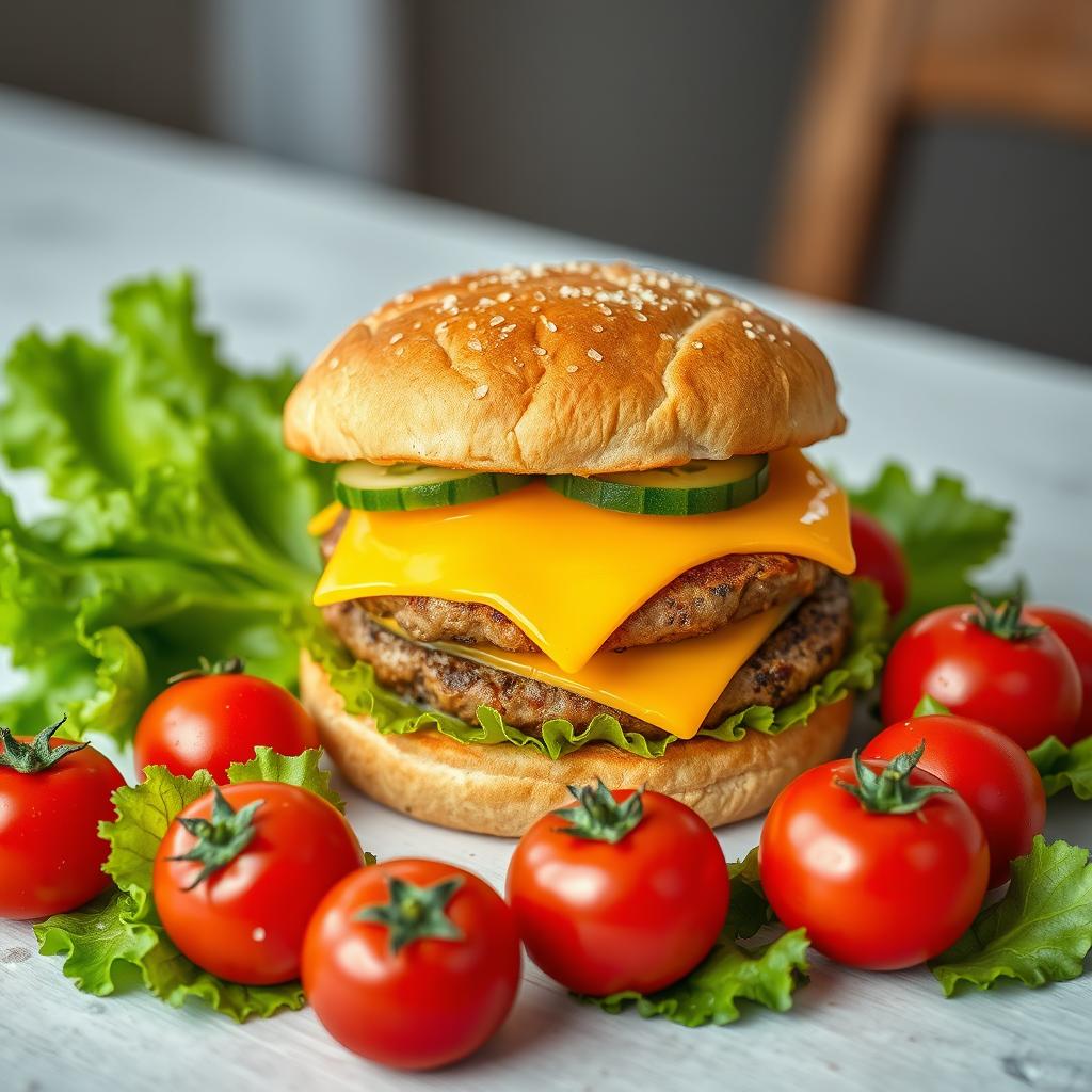 A highly detailed image of a large double burger with cheese and cucumber