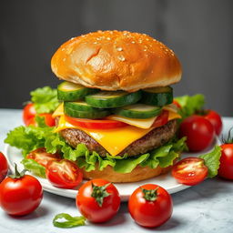 A highly detailed image of a large double burger with cheese and cucumber