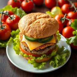 A highly detailed image of a large double burger with cheese and cucumber