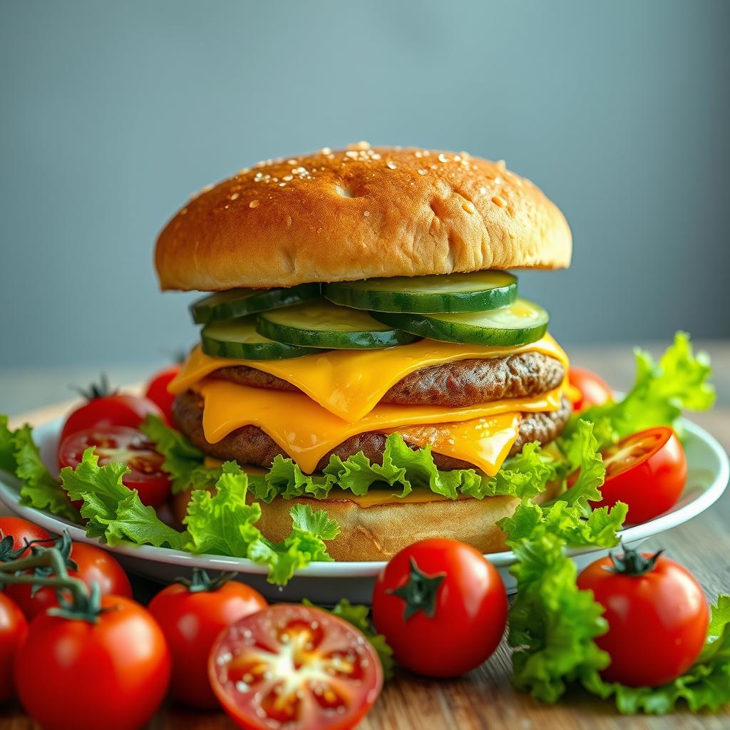 A highly detailed image of a large double burger with cheese and cucumber