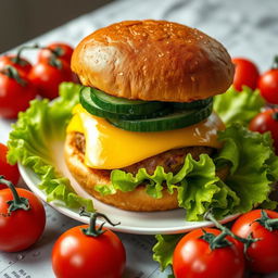 A highly detailed image of a large double burger with cheese and cucumber