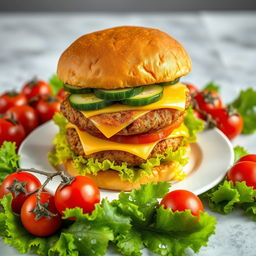 A highly detailed image of a large double burger with cheese and cucumber