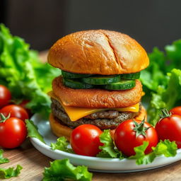 A highly detailed image of a large double burger with cheese and cucumber