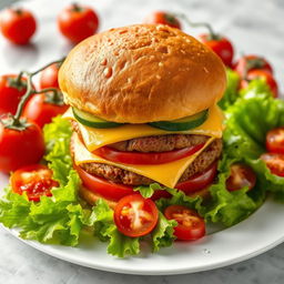 A highly detailed image of a large double burger with cheese and cucumber