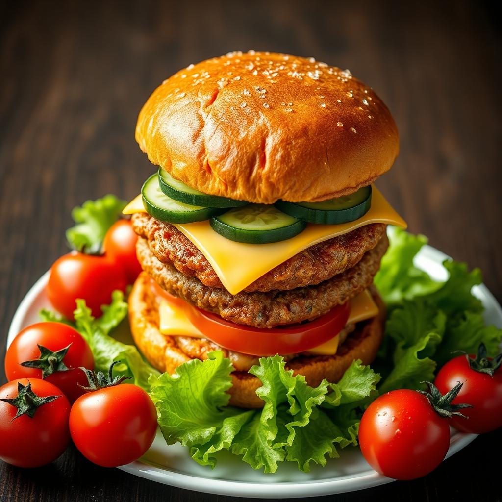 A highly detailed image of a large double burger with cheese and cucumber