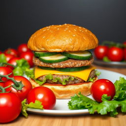 A highly detailed image of a large double burger with cheese and cucumber