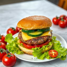 A highly detailed image of a large double burger with cheese and cucumber