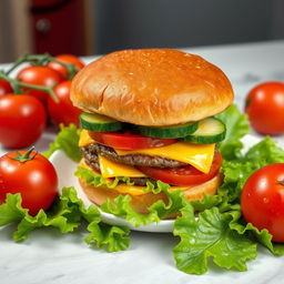 A highly detailed image of a large double burger with cheese and cucumber