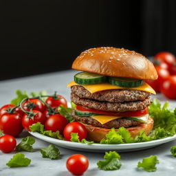 A highly detailed image of a large double burger with cheese and cucumber