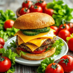 A highly detailed image of a large double burger with cheese and cucumber