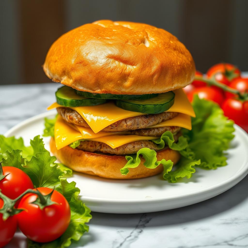 A highly detailed image of a large double burger with cheese and cucumber