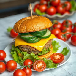 A highly detailed image of a large double burger with cheese and cucumber