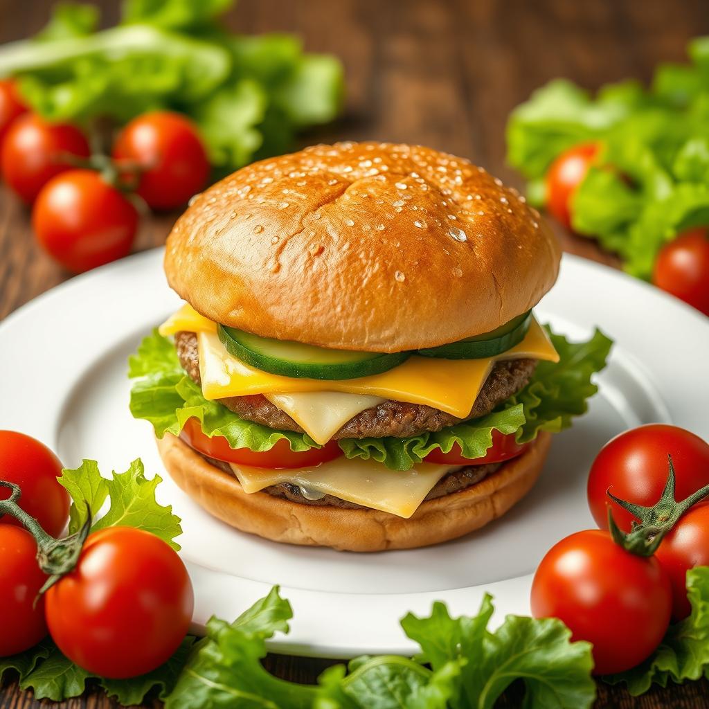 A highly detailed image of a large double burger with cheese and cucumber