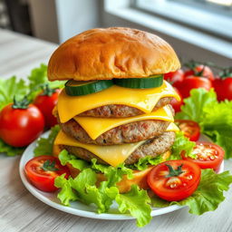 A highly detailed image of a large double burger with cheese and cucumber