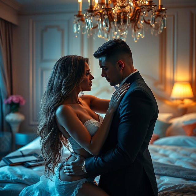 A sensual and intimate moment captured in a romantic setting