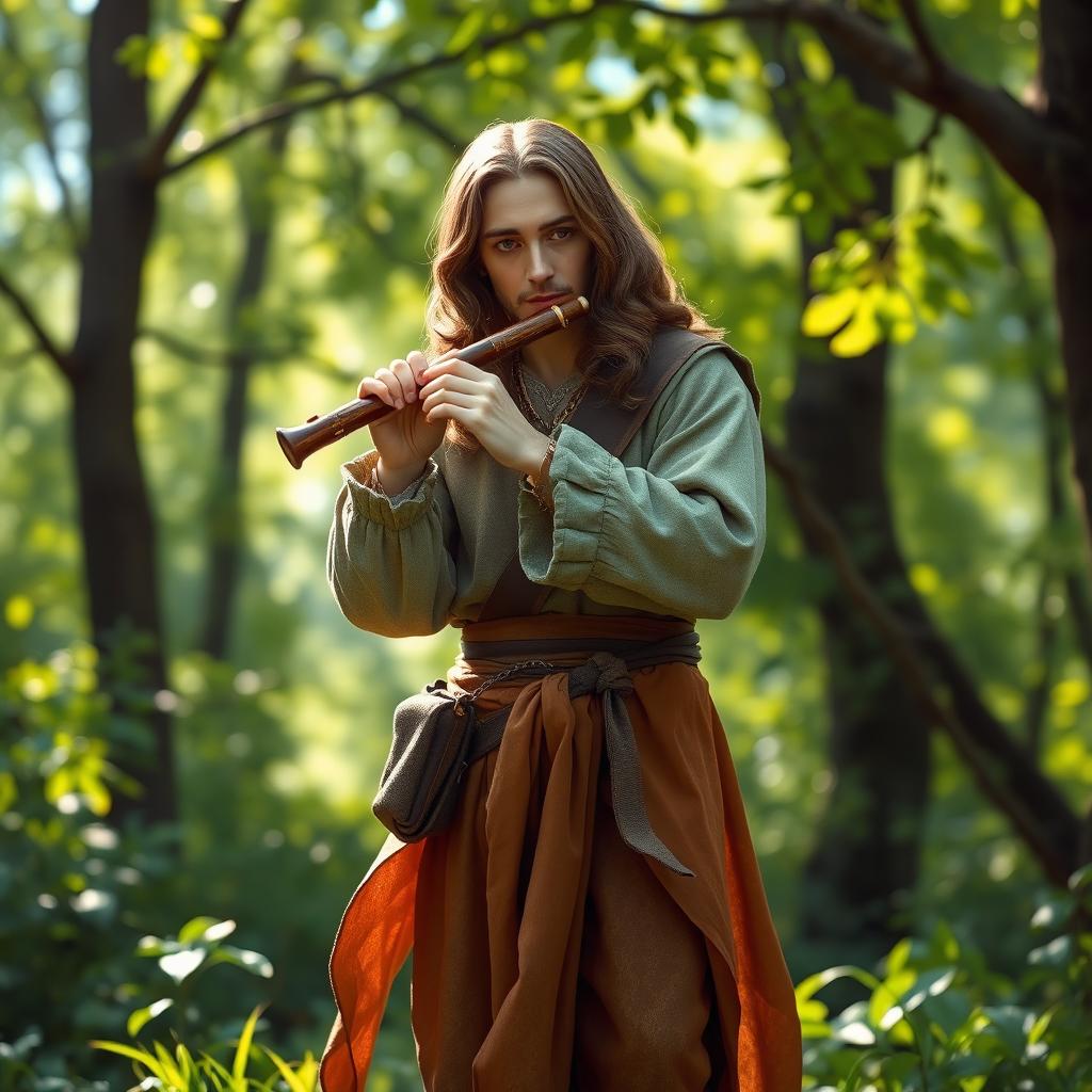 A medium-sized bard playing a flute, wearing period-appropriate clothing with flowing fabric, standing in a lush green forest setting