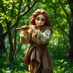 A medium-sized bard playing a flute, wearing period-appropriate clothing with flowing fabric, standing in a lush green forest setting