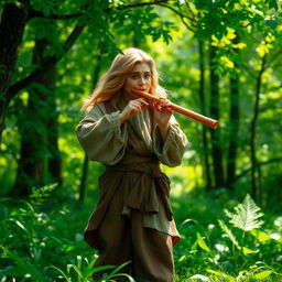 A medium-sized bard playing a flute, wearing period-appropriate clothing with flowing fabric, standing in a lush green forest setting