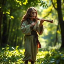 A medium-sized bard playing a flute, wearing period-appropriate clothing with flowing fabric, standing in a lush green forest setting